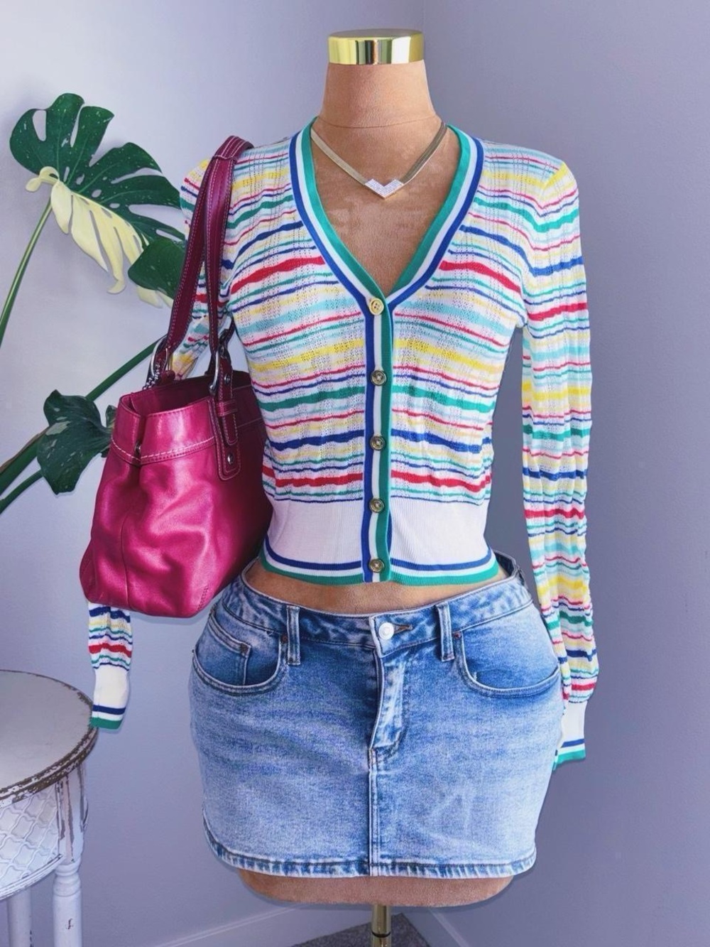 Juicy Couture Rainbow Stripe Cropped Cardigan 🌈 Y2K Knit Button Front Sweater Sm